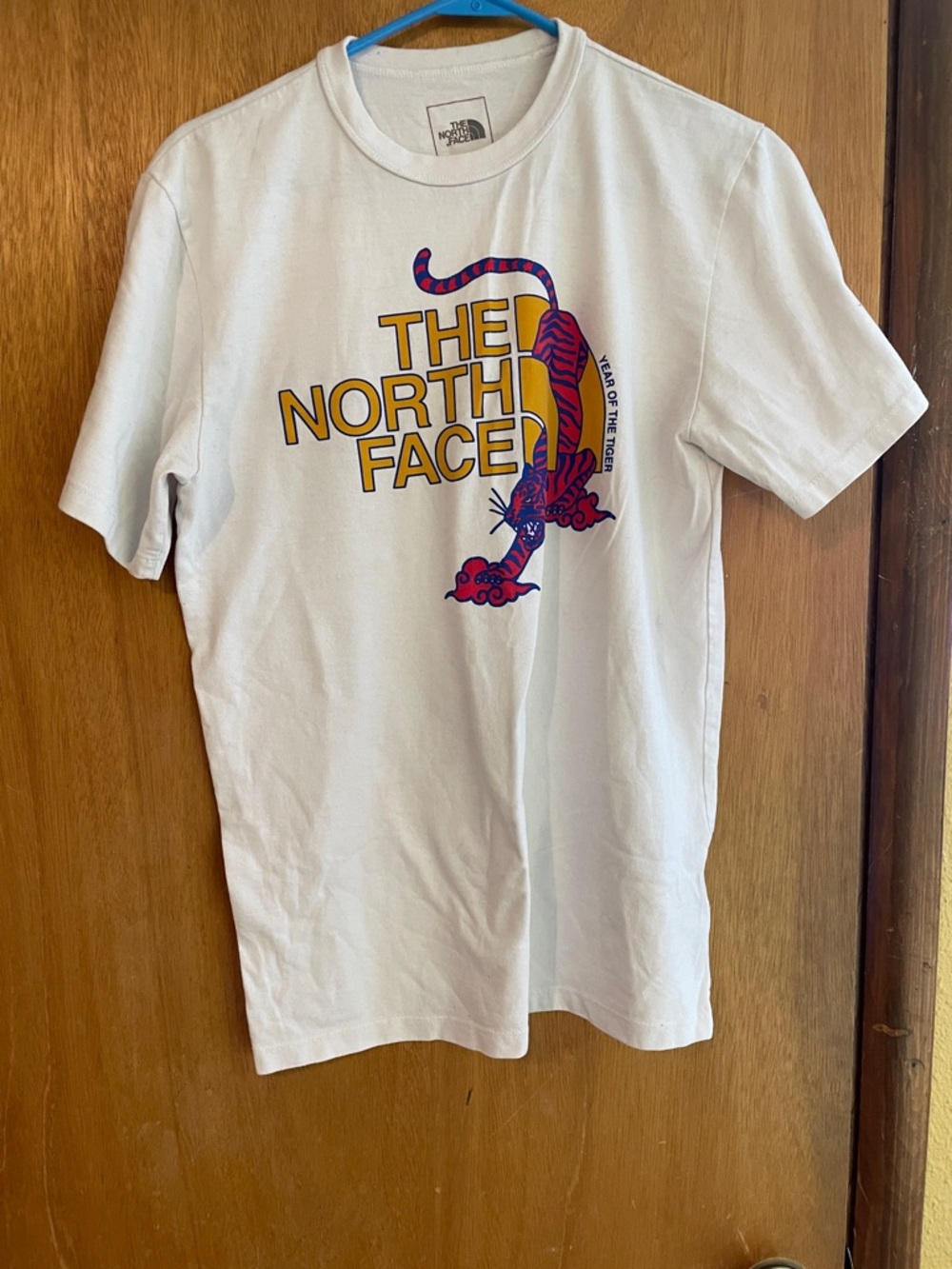 The North Face White Tee with Yellow Logo and Red-Purple Tiger